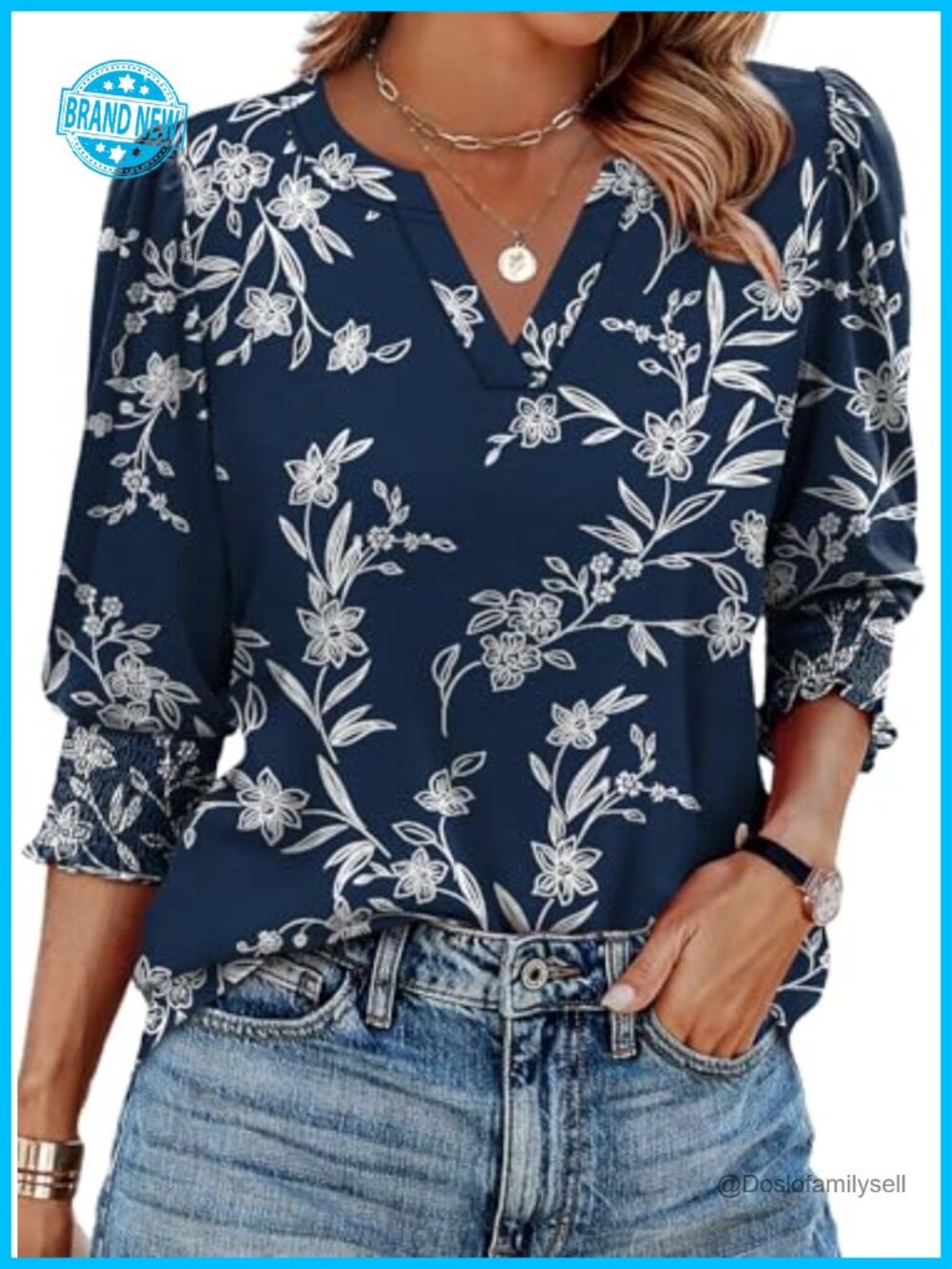 Womens Dressy Casual Blouse 3/4 Sleeve V Neck Smocked Cuff Top